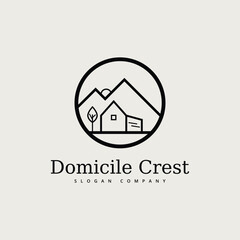 Home and tree logo design, vector graphic symbol,  house with a mountain in the middle, illustration.