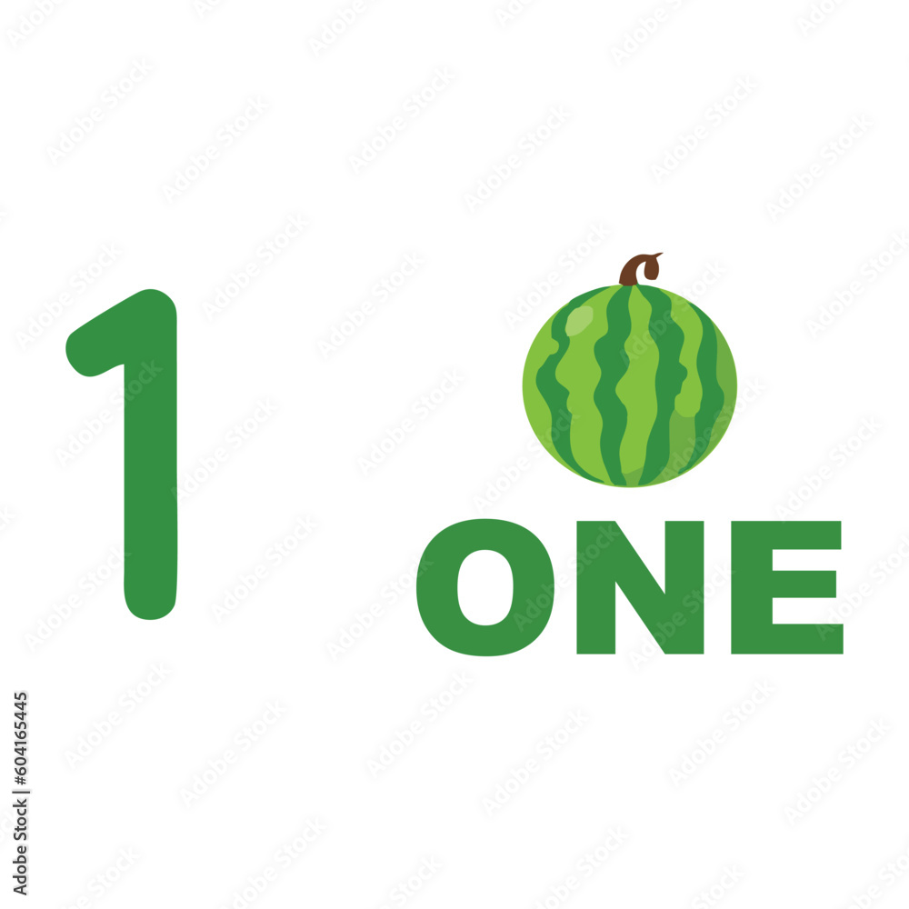 Poster vector illustration of a watermelon with the inscription 1 on a white background. series learn to re