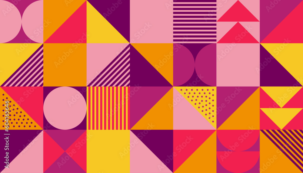 Poster Geometric pattern background, vector multicolor geometry print design with rectangles, squares and circles