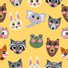 Cute yellow seamless pattern with forest kawaii animals for childrens