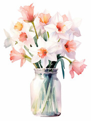 Watercolor bouquet of colorful flowers in glass vase ai generative