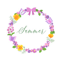 Summer circle frame vector. Cute summer wreath isolated on white background. Round border frame with summer symbols - flowers, butterflies, leaves and grass. Calligraphic text in the centre.