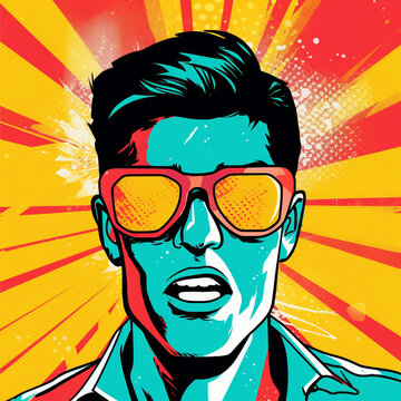 Young fashion man in sunglasses. Pop art retro comic style  illustration,Created using generative AI tools.