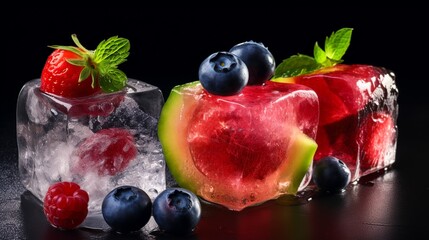 fruit, ice, cold, orange, food, juice, fresh, citrus, cocktail, healthy, lemon, apple, drink, fruits, white, isolated, glass, strawberry, lime, sweet, kiwi, diet, tropical, green, generative ai