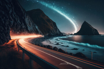 Against the sea at the foot of the mountains at night the road trailing car tail lights under a beautiful starry sky, AI generated - obrazy, fototapety, plakaty