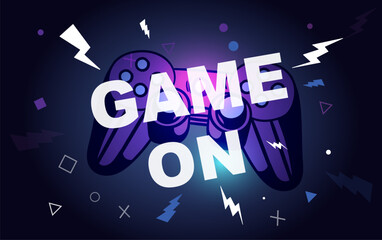 Game on banner. Joystick with white text. Video games and arcades, entertainment. Controller and gamepad. Advertising and marketing poster for website. Cartoon flat vector illustration