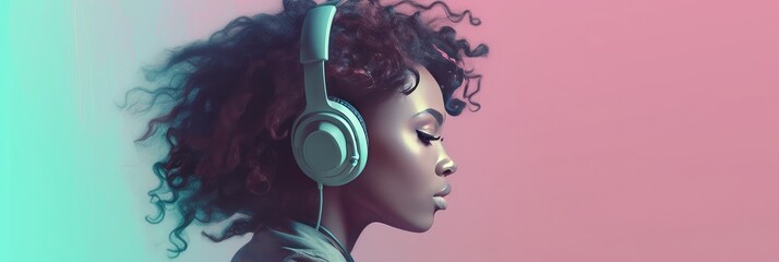 african american female listens to music and rocking headphones on blue background, in the style of dark aquamarine and pink. World Music Day banner created with generative ai