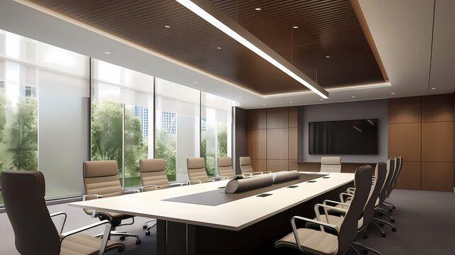 Meeting room to capture the professionalism and collaboration of a corporate business meeting, showcasing the exchange of ideas, strategic discussions. Generative AI, Generative, AI
