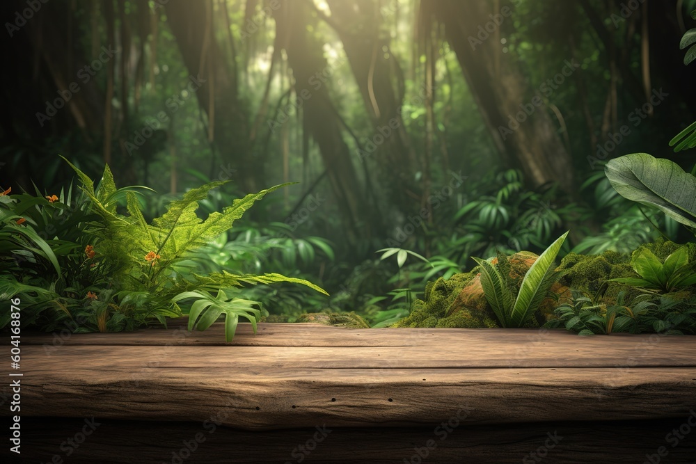 Poster a table made of wood set inside a verdant and leafy forest generative ai