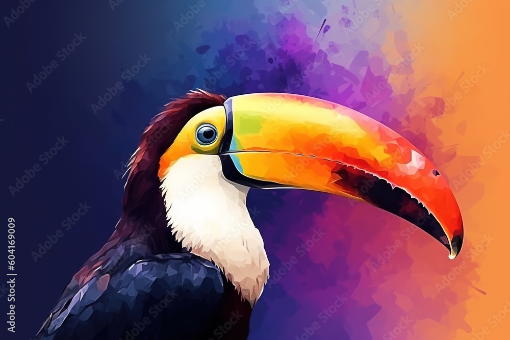 Poster a bird called a toucan that has a multicolored backdrop generative ai