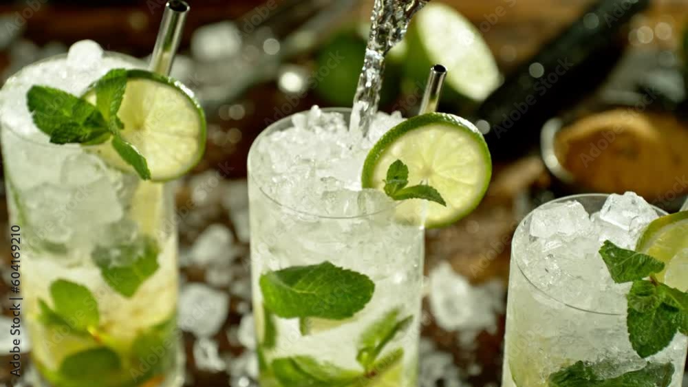 Aufkleber super slow motion of preparing mojito drinks with speed motion. filmed on high speed cinema camera, 