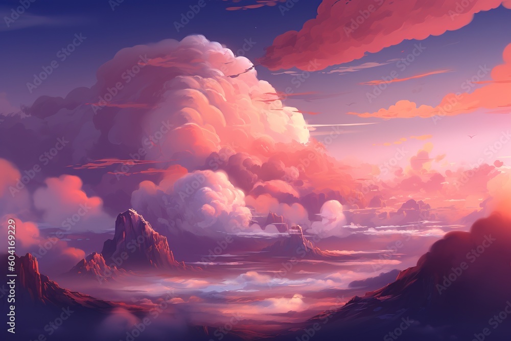 Poster a picture of a mountain range with clouds in the sky as an example. generative ai