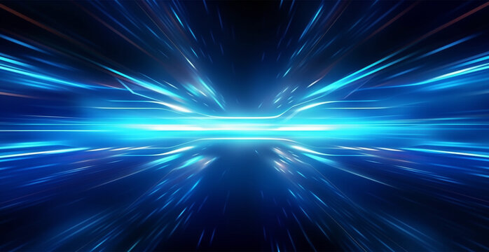Blue neon spotlight light, panoramic abstract background - AI generated image