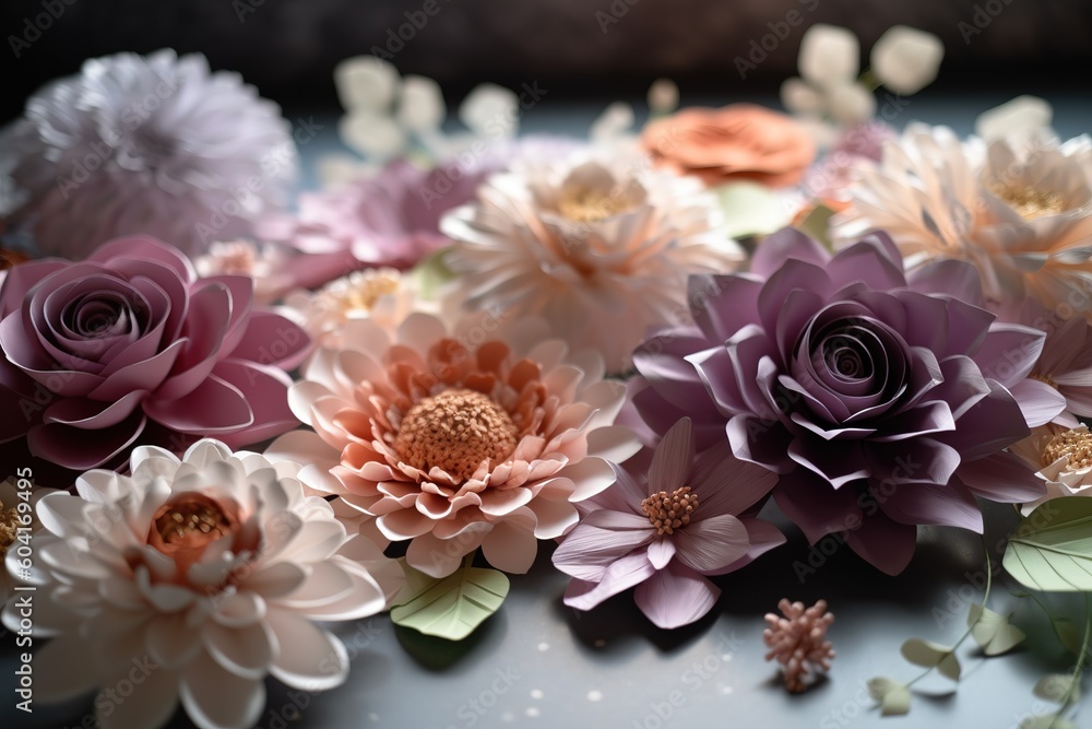 Poster an arrangement of flowers that are now resting on a table generative ai