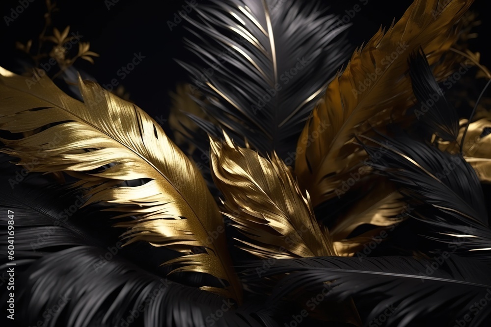 Poster a collection of feathers in black and gold on a backdrop of black generative ai