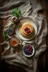 Berries, pancakes with honey