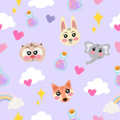 Kawaii pastel seamless pattern with cutie animals for children's nursery