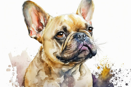Generative AI. French Bulldog watercolor portrait on white background.