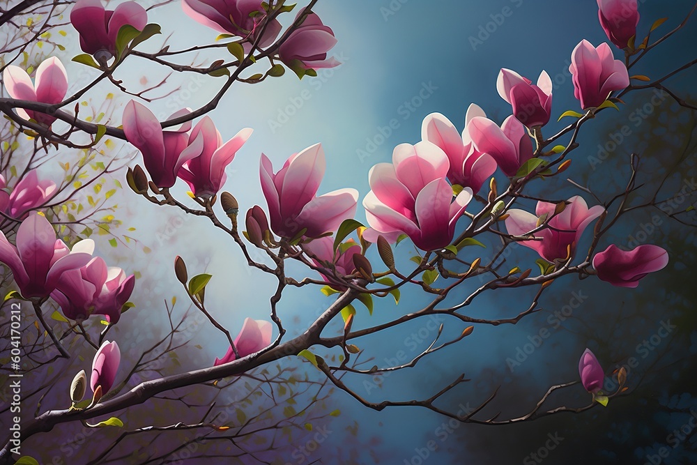 Poster a picture of several pink blooms hanging from a tree limb generative ai
