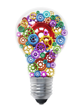 Multi colored gears in motion inside lightbulb on transparent background. 3D illustration