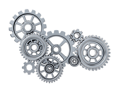 Gears in motion representing teamwork and cooperation on transparent background. 3D illustration