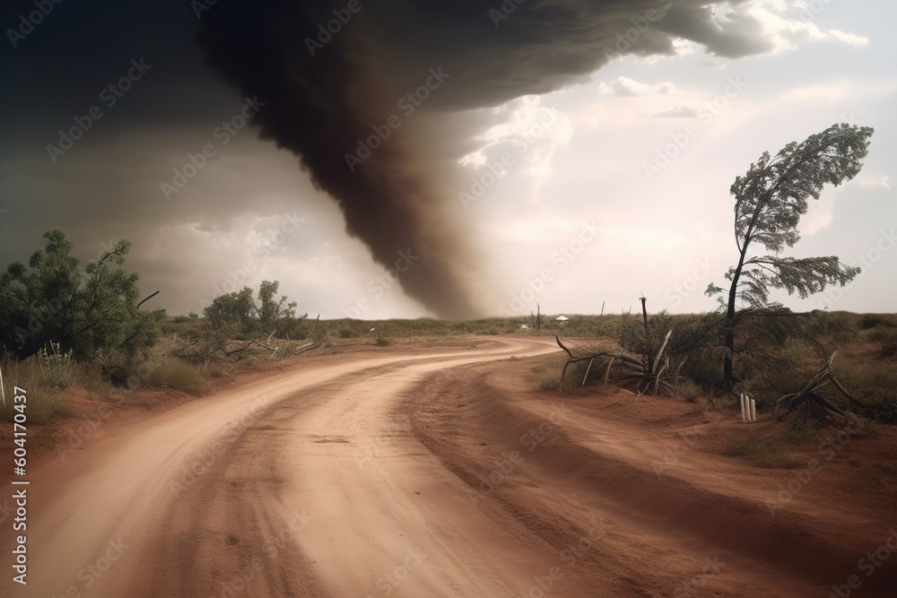 Poster a path made of dirt with a significant ominous cloud above generative ai