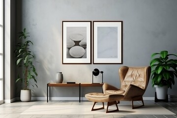 Tow Mockup frame in home office interior background, mid-century modern style in loft