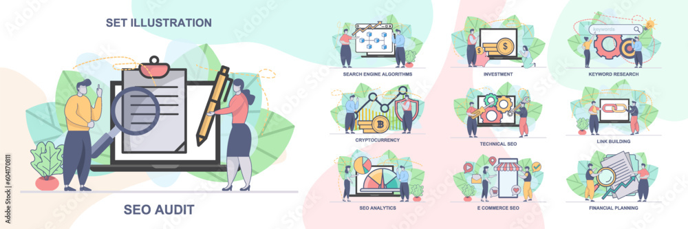 Poster set of web page design templates for seo business, seo analytics. technical seo, seo audit web page 