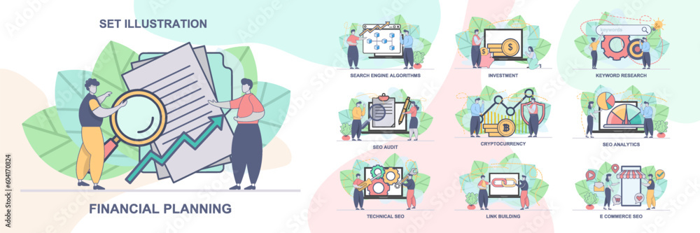 Poster set of web page design templates for seo business, seo analytics. technical seo, seo audit web page 