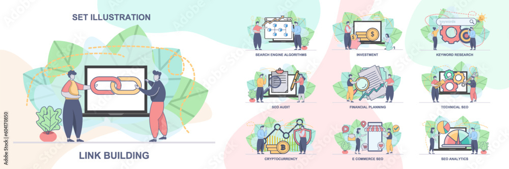Poster set of web page design templates for seo business, seo analytics. technical seo, seo audit web page 