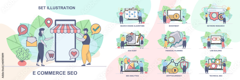 Poster set of web page design templates for seo business, seo analytics. technical seo, seo audit web page 