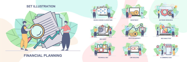 Naklejka premium Set of web page design templates for SEO business, SEO Analytics. Technical SEO, SEO Audit web page composition with people characters. Modern vector illustration concepts