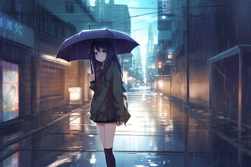 Anime girl standing at night city street in the rain. AI generated image.