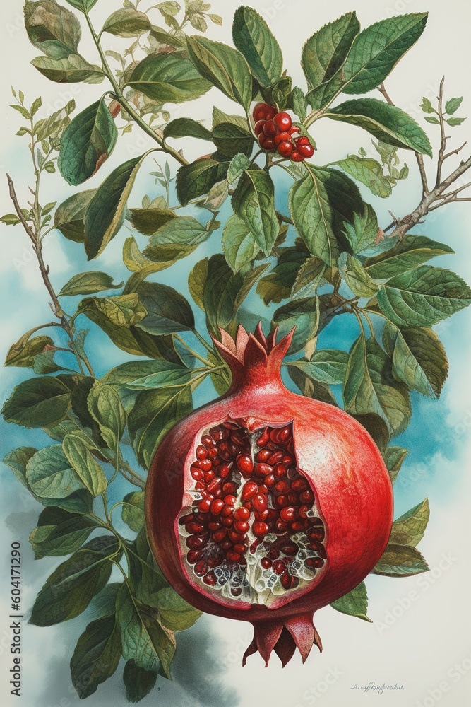 Poster a picture of a pomegranate hanging from a tree as it is surrounded by foliage generative ai