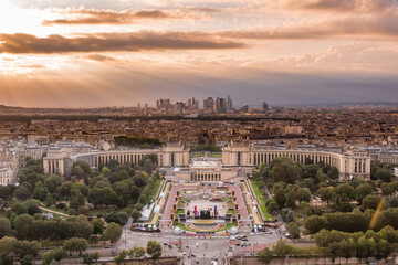 Panoramic view of the La Défense district and the Trocadero in Paris from the heights at sunset