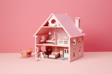 Pink dollhouse against a pink wall background with copy space for text. Miniature toy house with tiny cute furniture, front view. Generative AI photo imitation.
