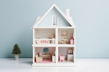 Tiny pastel dollhouse against a white wall light background with copy space for text. Miniature toy house with tiny cute furniture, front view. Generative AI photo imitation.