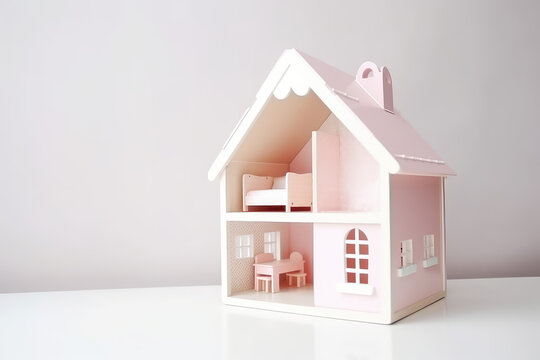 Pink pastel dollhouse against a white wall background with copy space for text. Miniature toy house with tiny cute furniture, front view. Generative AI photo imitation.
