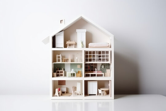 Open dollhouse against a white wall background with copy space for text. Miniature toy house with tiny cute furniture, front view. Generative AI photo imitation.