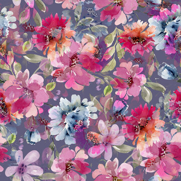 Seamless pattern with watercolor large pink flowers and green leaves, hand painted on a dark background.