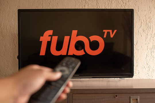 Brazil, Rio de Janeiro - May 19, 2023:  In this photo illustration the  FuboTV logo in background on tv