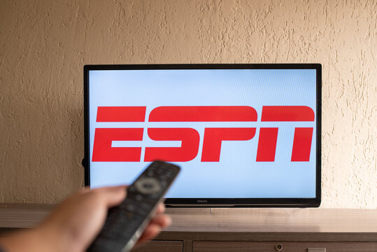Brazil, Rio de Janeiro - May 19, 2023: ESPN Plus streaming network logo on television