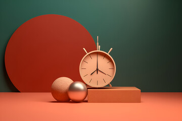 time concept. alarm clock on stage podium on abstract trendy colors background. Generative AI