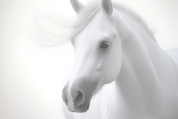 White horse portrait on white dusty background. Generative AI