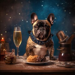 French Bulldog drinking champagne on New Years Eve. Illustration AI Generative.