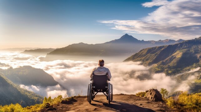 A person in a wheelchair enjoying a view from a mountain top, photographed from behind.
