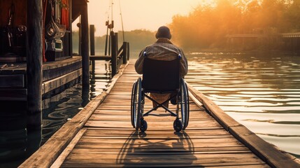 A person in a wheelchair fishing on a dock, captured from behind.
