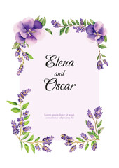 Lavender wreath card, Flowers decor greeting. Vintage style bouquets and Provence wedding ceremony invitation, Vector watercolor