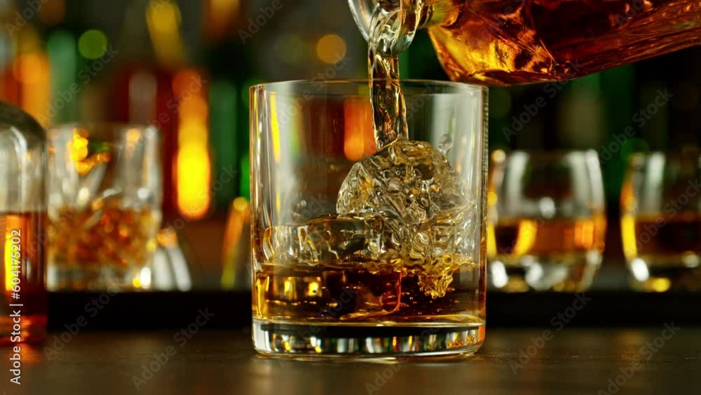 Poster super slow motion of falling ice cube into whiskey drink, camera motion. filmed on high speed cinema