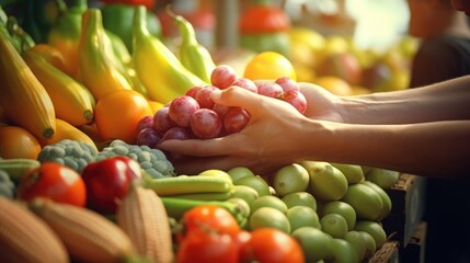 Close-up of a person's hands holding fresh fruit produce at an open-air market.
